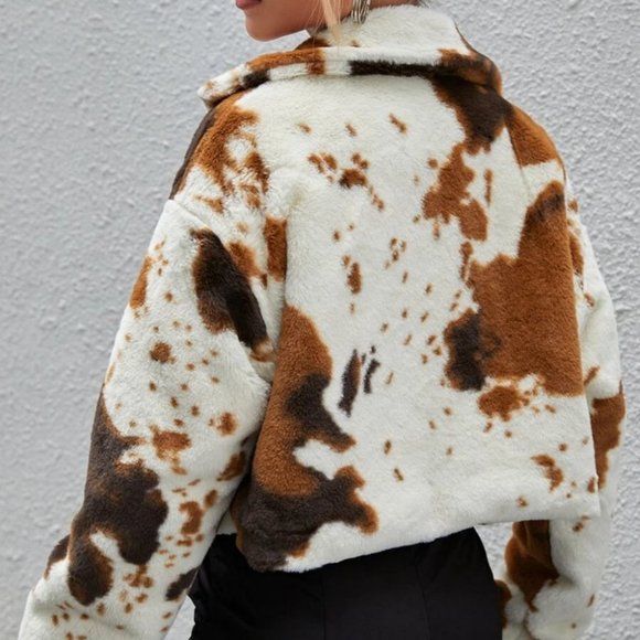Cow Print Faux fur Coat Jacket Winter fall trendy - Picture 5 of 5